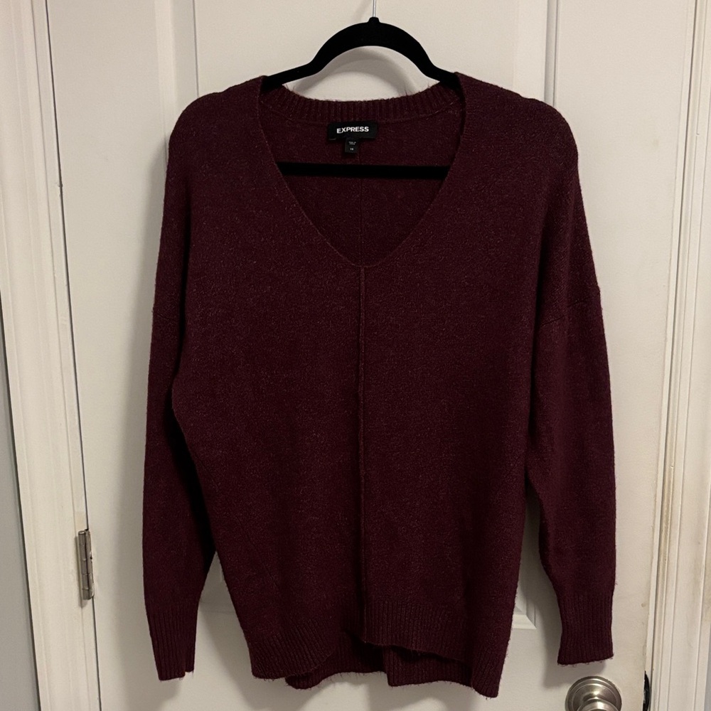 Express Women's Deep Burgundy V-Neck Sweater PTP 21” oversized